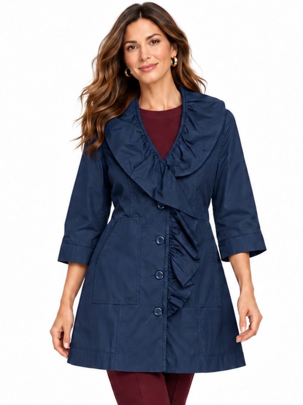 CAbi SZ S Navy Blue Ruffle-Trim Trench Coat, 3/4 sleeves/Bust 39”